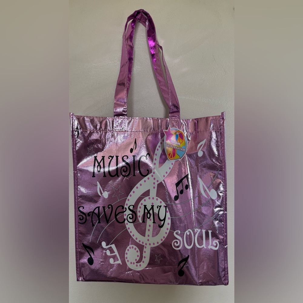 3/$15 Pink Metallic Tote Bag “Music Saves My Soul”